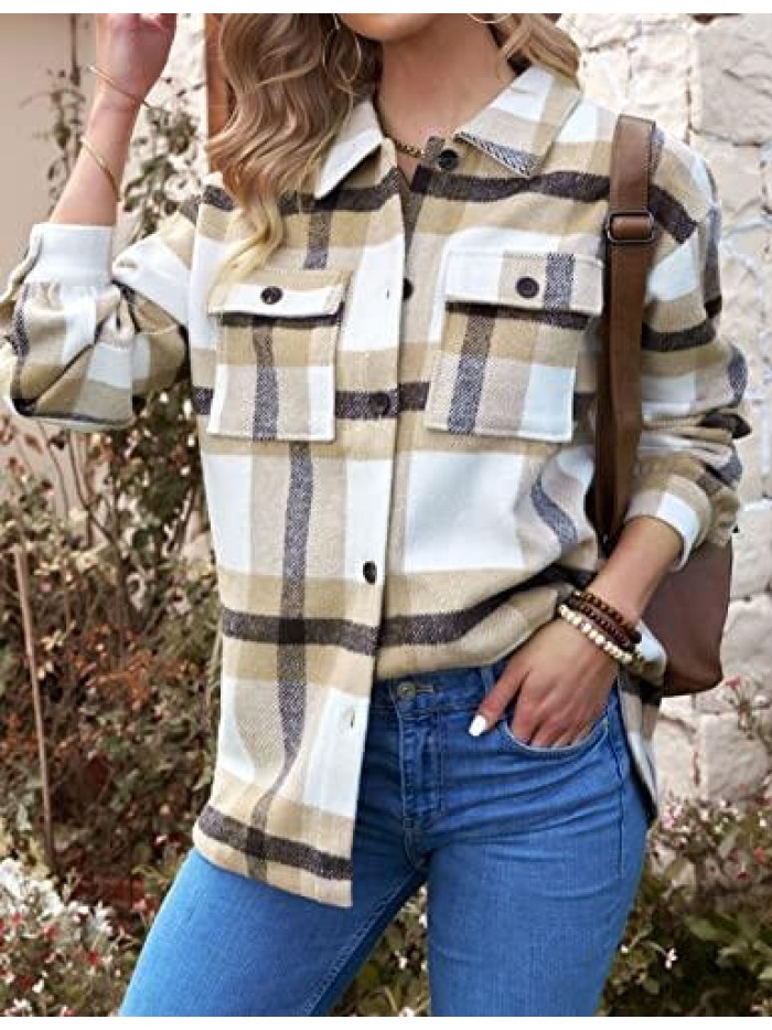 Women's Long Sleeve Button Down Plaid Flannel Shirts Tops Casual Lapel V Neck Oversized Soft Shackets Blouses Top 