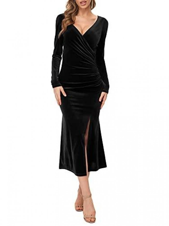 Women's Wrap V Neck Long Sleeve Split Elegant Bodycon Ruched Mermaid Velvet Party Cocktail Maxi Dress 