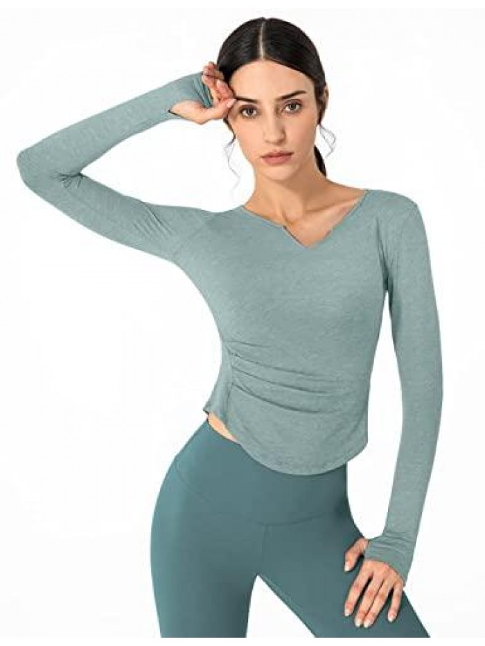 Long Sleeve Workout Top for Women Workout Shirts V Neck Yoga Tops Sports Running Gym Athletic Tops with Thumb Holes 