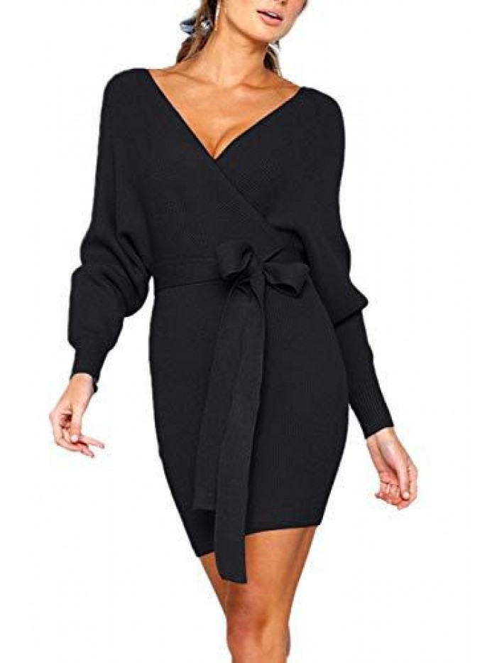 Women's Sweater Dress Sexy V Neck Long Sleeve Backless Wrap Knitted Mini Dresses 