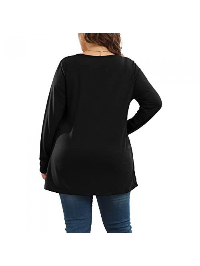 Women's Plus Size Casual Tunic Top - Long Sleeve Pleated Button Up Ruffle Flared Solid Blouse Shirt(0X-4X) 