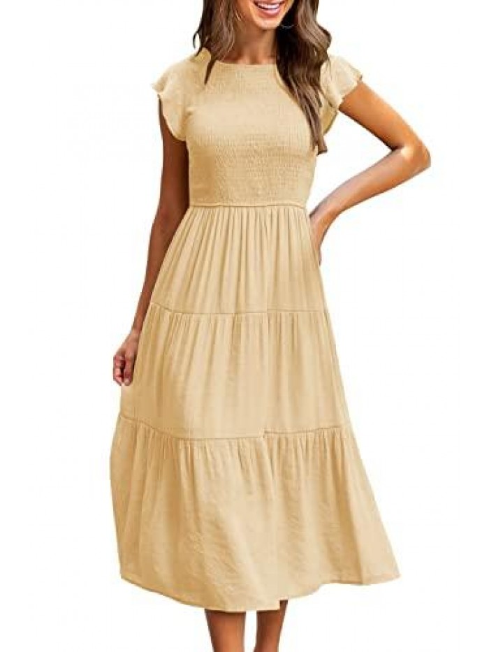 Womens Summer Casual Midi Dress Smocked Crewneck Flutter Short Sleeve Boho Tiered Maxi Dresses 