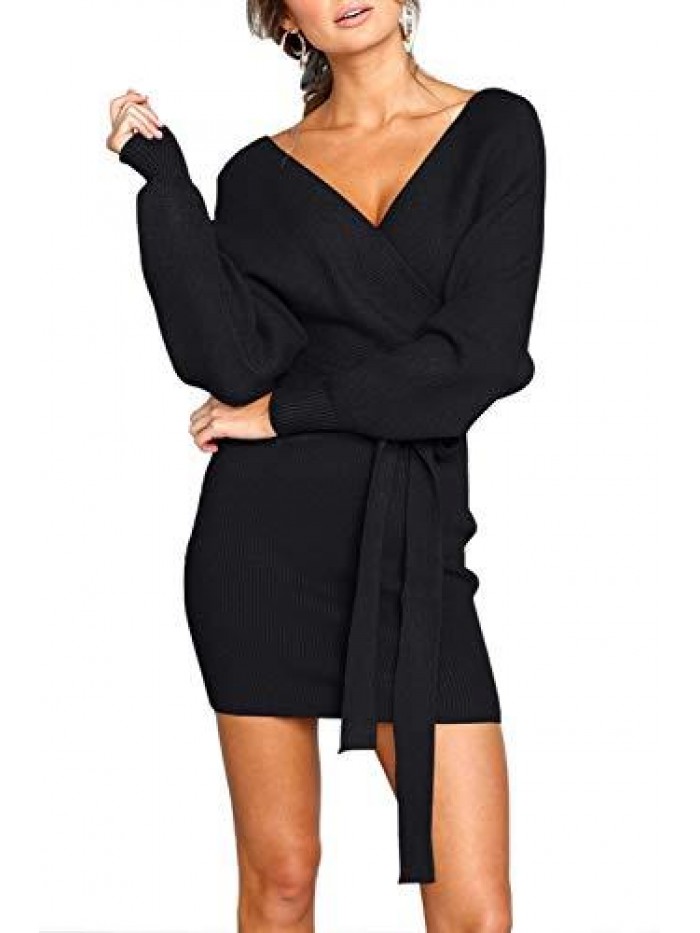 Women's Sweater Dress Sexy V Neck Long Sleeve Backless Wrap Knitted Mini Dresses 