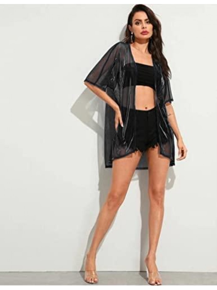 Womens Cardigan Beach Coverup Sheer Shiny Metallic Kimono Swimsuit Cover Ups Beachwear S-XXL 