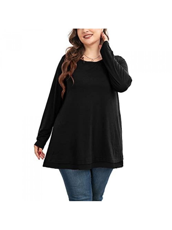 Women's Plus Size Casual Tunic Top - Long Sleeve Pleated Button Up Ruffle Flared Solid Blouse Shirt(0X-4X) 