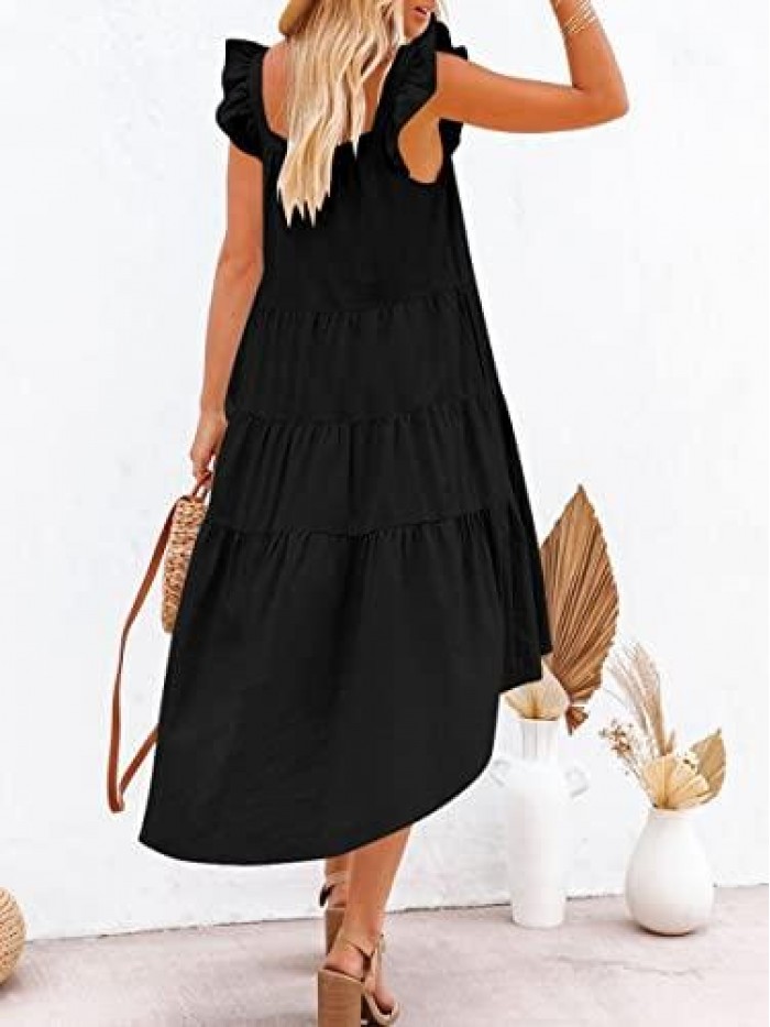 2022 Women's Summer Midi Dress Sleeveless Ruffle Sleeve Colorblock Solid Loose Fit Flowy Pleated Dress with Pockets 