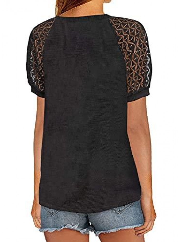 Women's Lace Short Sleeve V Neck Shirts Loose Casual Tops Tee Shirt 