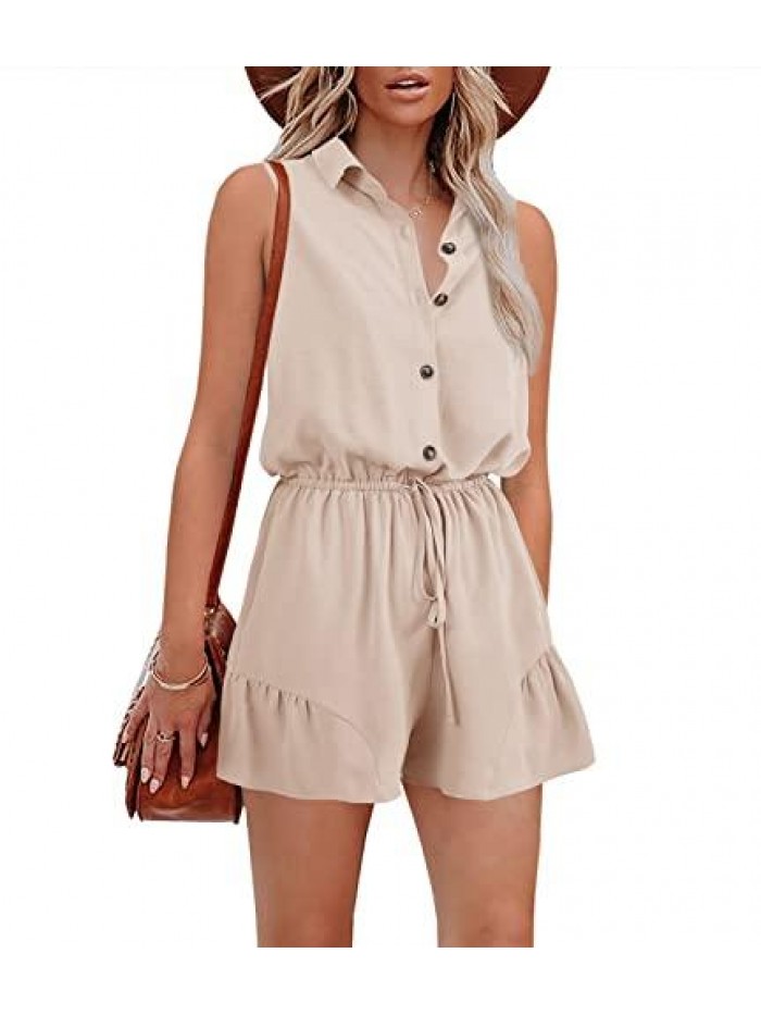 Women V Neck Collared Jumpsuits Casual Sleeveless Button Up Drawstring Waist Jumpsuit Romper 