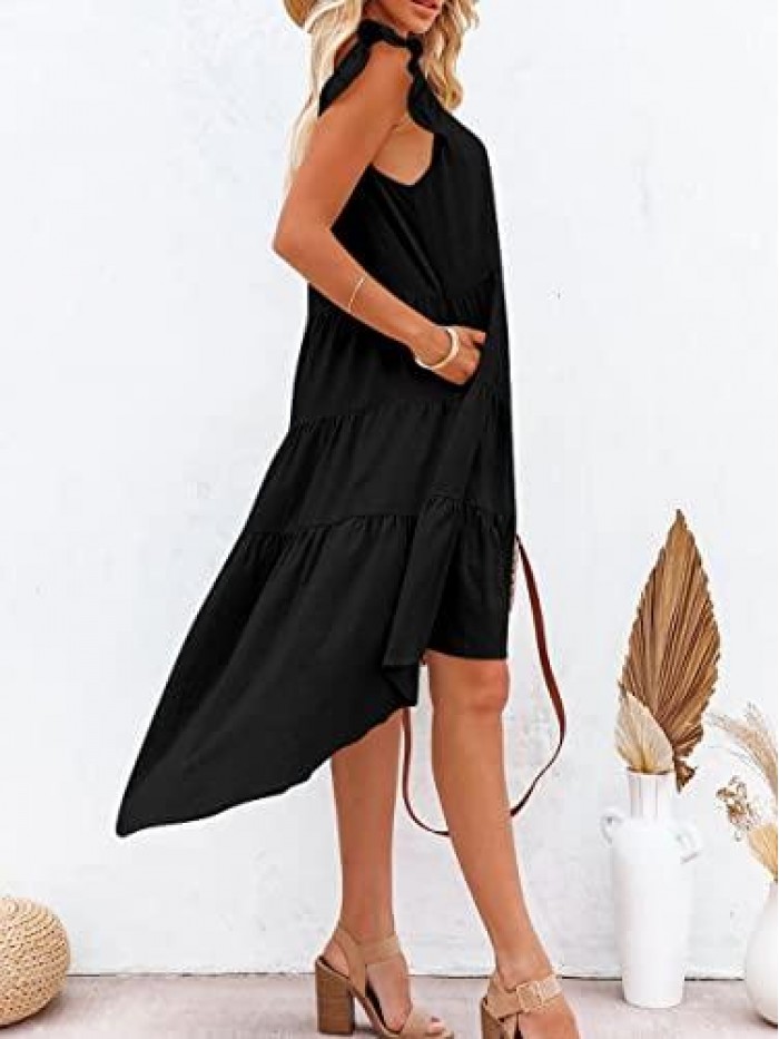 2022 Women's Summer Midi Dress Sleeveless Ruffle Sleeve Colorblock Solid Loose Fit Flowy Pleated Dress with Pockets 