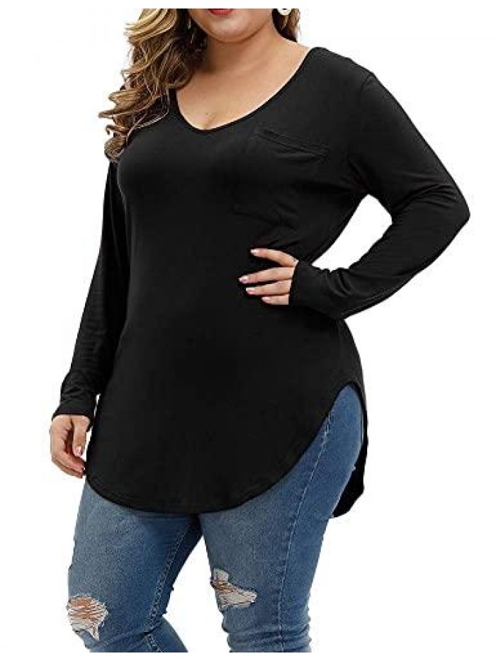 Women's Plus Size Tops Long Sleeve Casual Scoop Collar Pocket T Shirts 