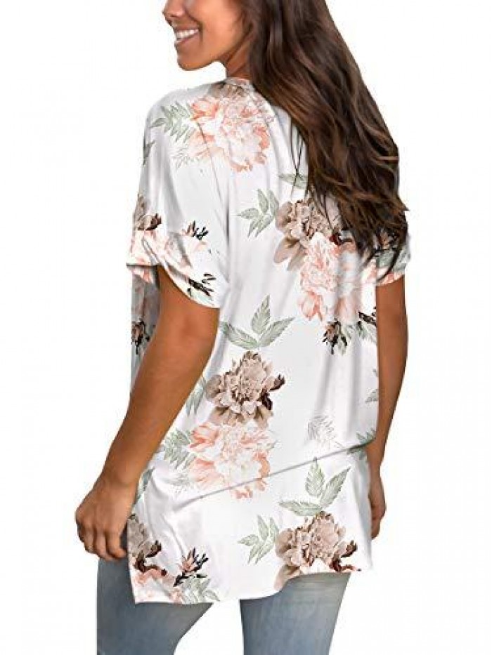 Womens Summer Tops Floral Short Sleeve V Neck T Shirts Tee Printed Side Split Tunic 