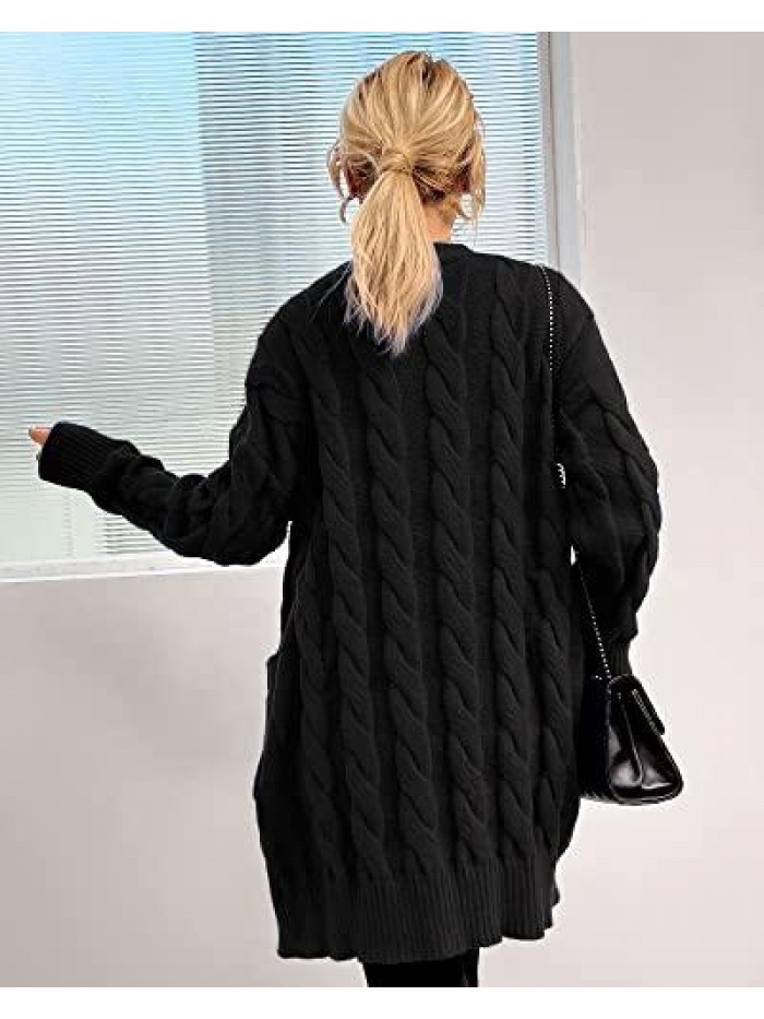 Women 2021 Trendy Cardigan Sweaters Long Twist Chunky Knit Winter Button Open Front with 2 Pockets Winter Soft 