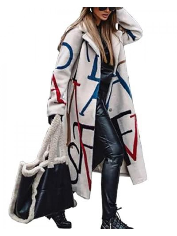 Womens Long Lapel Trench Coat Single Breasted Printed Notched Outerwear Overcoat 