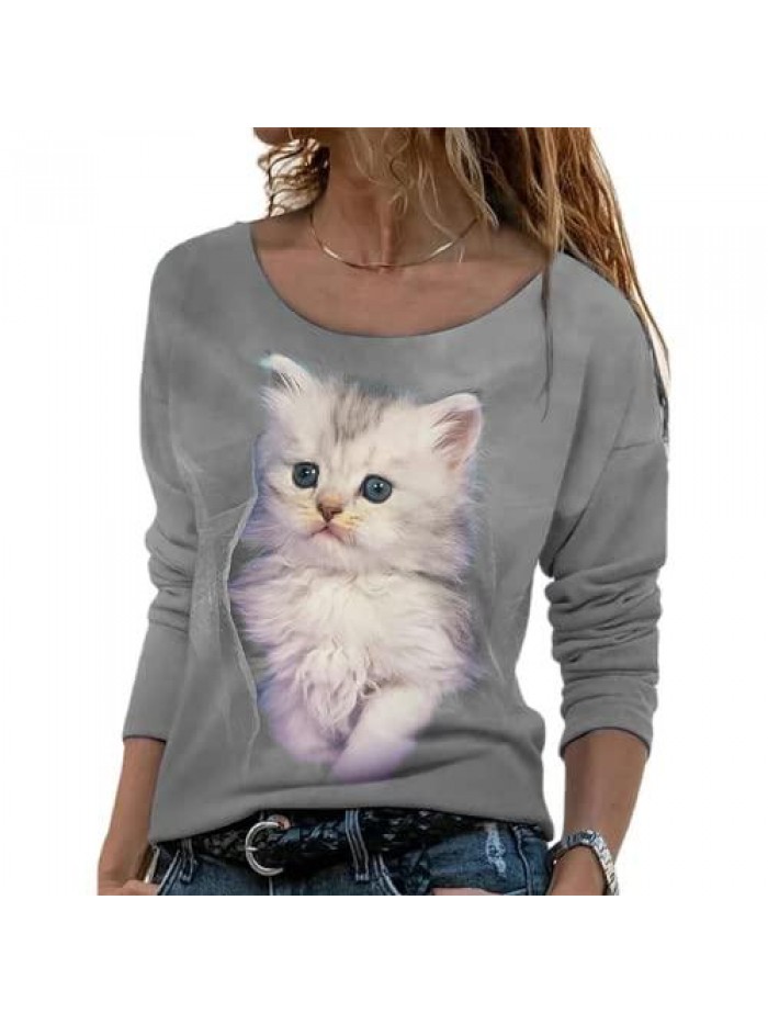 Women's Cute Cat Long Sleeve Print T Shirt Top Round Neck Loose Casual Animal Shirts Blouse 