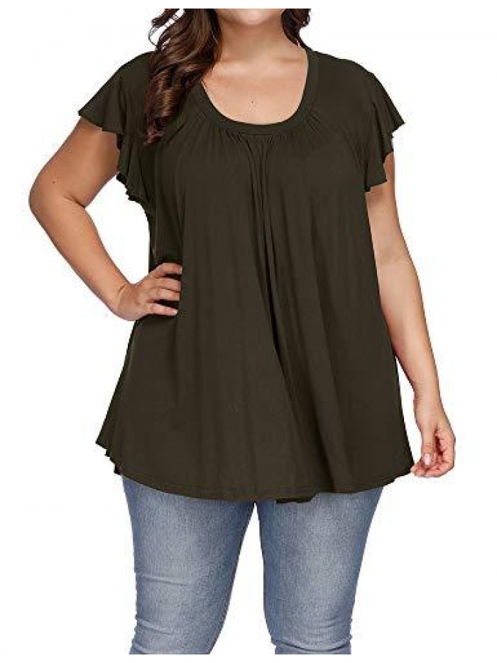 Women's Plus Size Top Short Sleeve Casual Ruffle Loose Pleated Flowy Summer T Shirts 