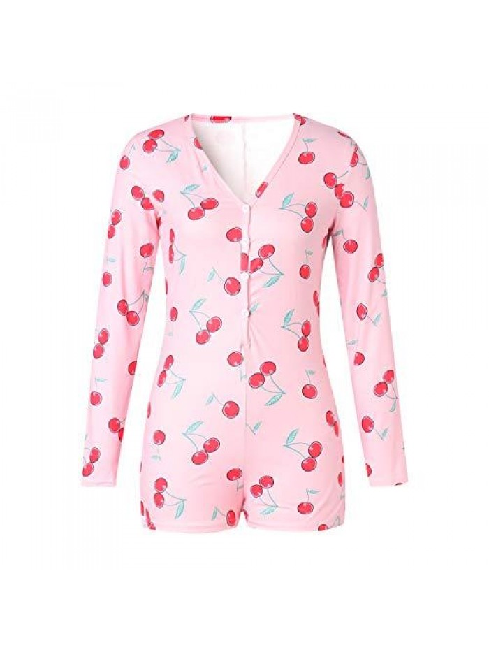 Women Valentines Day Bodysuit Pajamas Jumpsuits Rompers Sexy Long Sleeve V Neck Cute Heart Print Onesies Sleepwear 