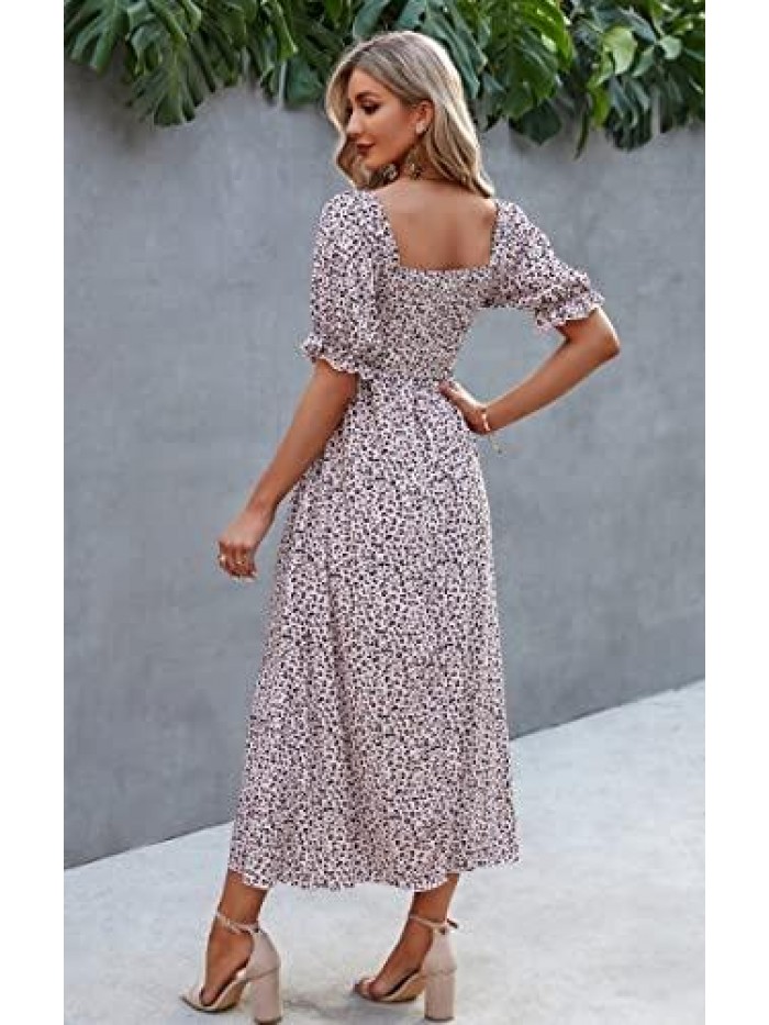 Women Square Neck Dress Solid Short Puff Sleeve Smocked Waist Knee Length Ruffle Summer Midi Dresses 