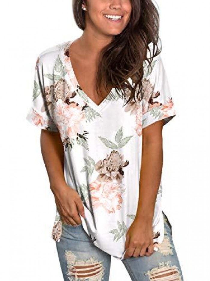 Womens Summer Tops Floral Short Sleeve V Neck T Shirts Tee Printed Side Split Tunic 
