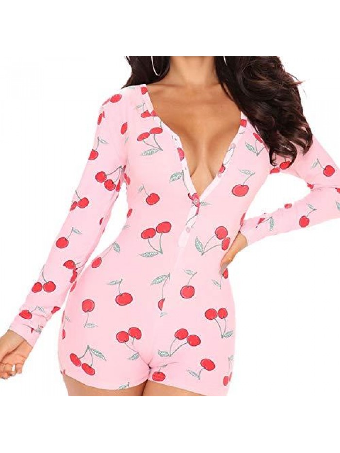 Women Valentines Day Bodysuit Pajamas Jumpsuits Rompers Sexy Long Sleeve V Neck Cute Heart Print Onesies Sleepwear 