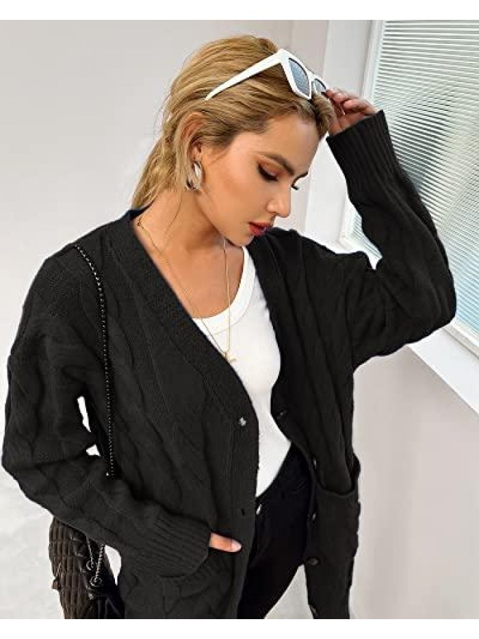 Women 2021 Trendy Cardigan Sweaters Long Twist Chunky Knit Winter Button Open Front with 2 Pockets Winter Soft 