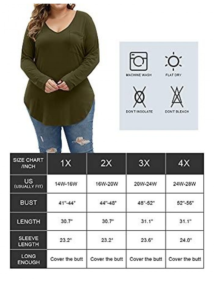 Women's Plus Size Tops Long Sleeve Casual Scoop Collar Pocket T Shirts 