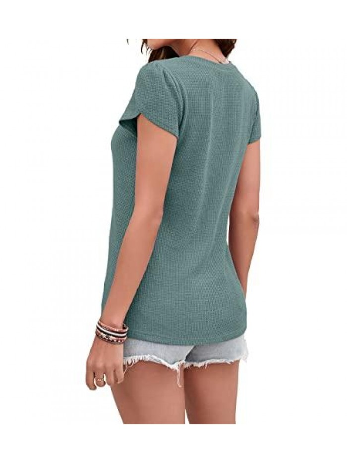 Waffle Knit Shirt Women Petal Sleeve Tops V Neck Cute Summer Tulip Short Sleeve Casual T Shirts 