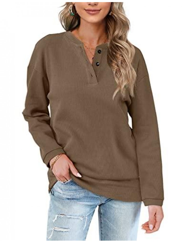Womens Casual Sweatshirts Henley Button Up Long Sleeve Tunic Tops 