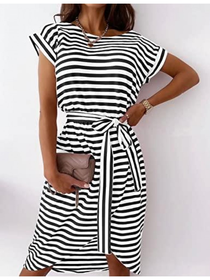Womens Striped Short Sleeve T Shirt Dress Summer Casual Tie Waist Crew Neck with Pockets 