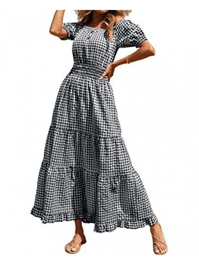 Women Casual Short Sleeve Plaid Maxi Dresses Off Shoulder Vintage Dress Square Neck Gingham Beach Long Summer Dress 