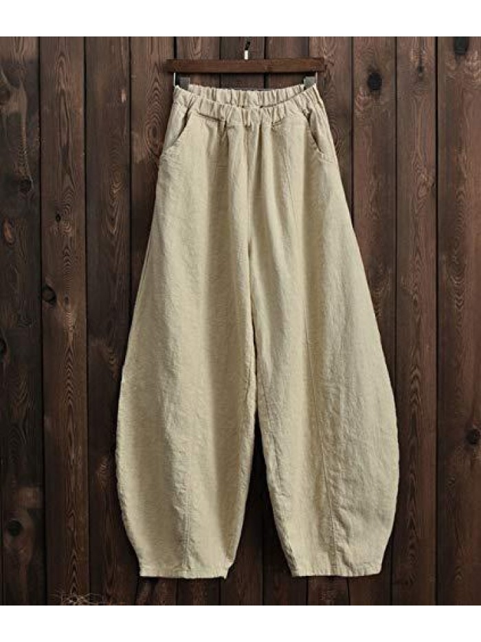 Women's Casual Cotton Linen Baggy Pants with Elastic Waist Relax Fit Lantern Trousers 