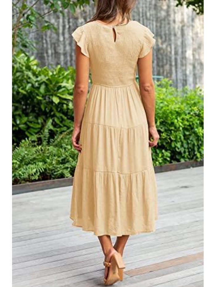 Womens Summer Casual Midi Dress Smocked Crewneck Flutter Short Sleeve Boho Tiered Maxi Dresses 