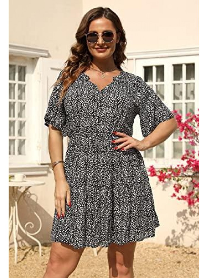 Womens Plus Size Floral Print Boho Casual Layered Swing Skater Dress with Pocket NEM299 