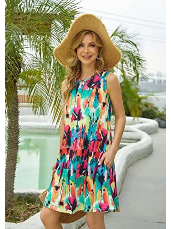 Casual Tshirt Dresses for Women Swing Sun Dress Beach Swimsuit Cover Ups with Pockets 