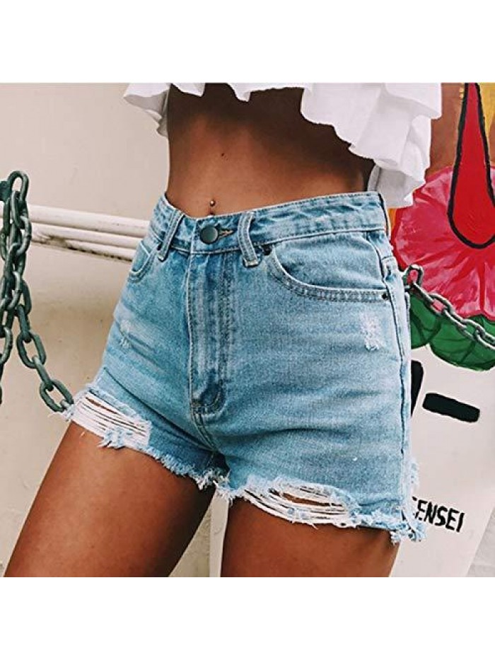 Ripped Solid Denim Jean Shorts High Waisted Stretchy Insert Pockets Casual Short Jeans 