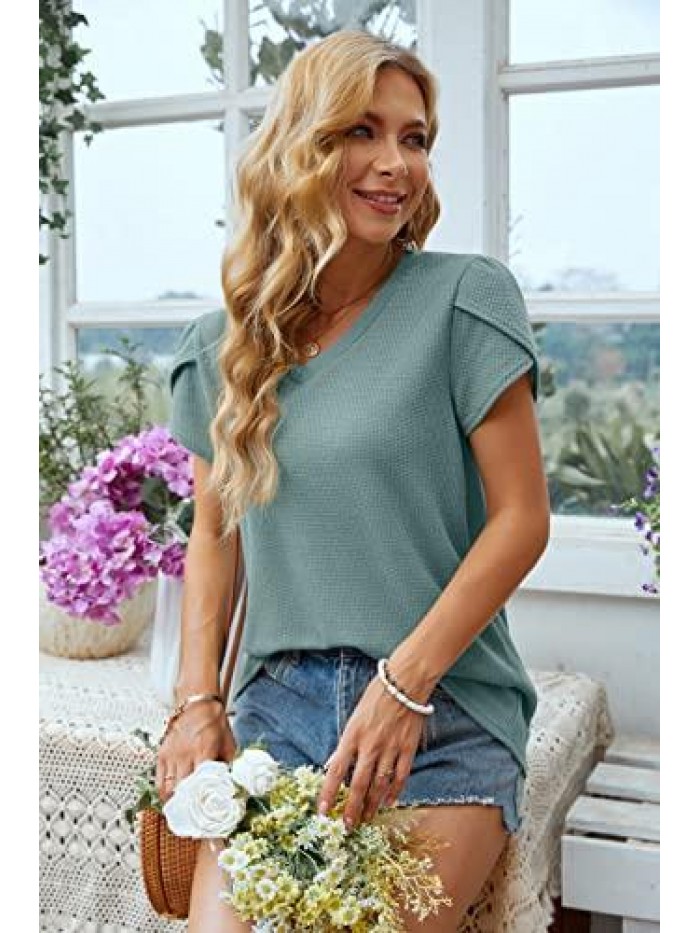 Waffle Knit Shirt Women Petal Sleeve Tops V Neck Cute Summer Tulip Short Sleeve Casual T Shirts 