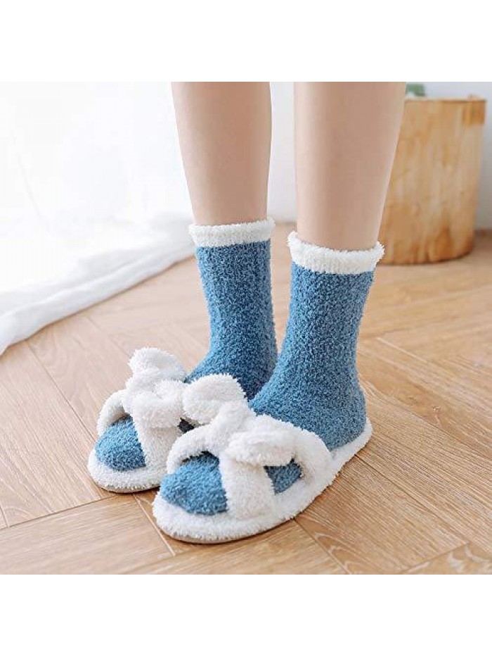 Slipper Socks Women with Grips Plush Fluffy Cozy Socks Girls Grippers Non Slip Indoor Soft Footies 5 Pairs Valentine’s Day Gift 