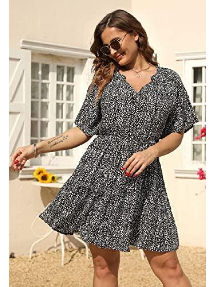 Womens Plus Size Floral Print Boho Casual Layered Swing Skater Dress with Pocket NEM299 