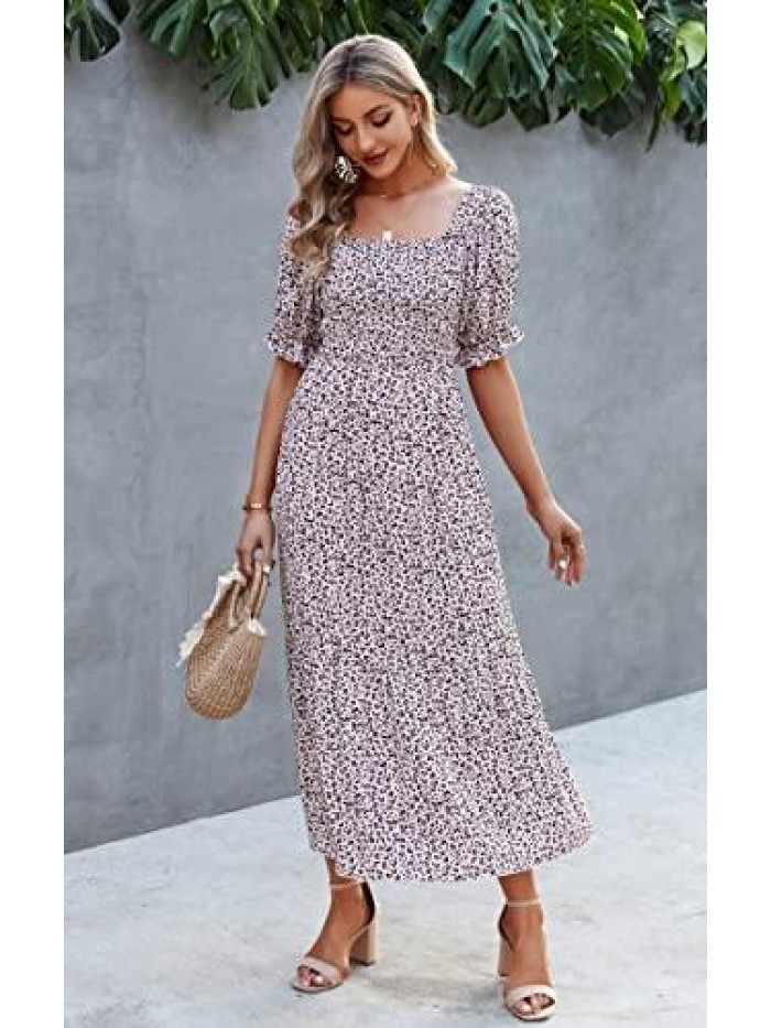 Women Square Neck Dress Solid Short Puff Sleeve Smocked Waist Knee Length Ruffle Summer Midi Dresses 
