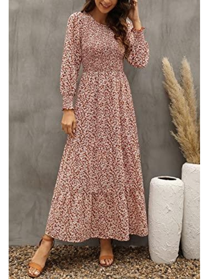 Women's Round Neck Long Puff Sleeve Smocked Ruffle Tiered Floral Maxi Dress 