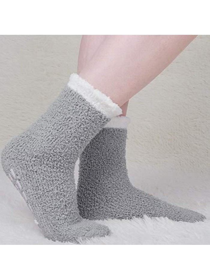 Slipper Socks Women with Grips Plush Fluffy Cozy Socks Girls Grippers Non Slip Indoor Soft Footies 5 Pairs Valentine’s Day Gift 