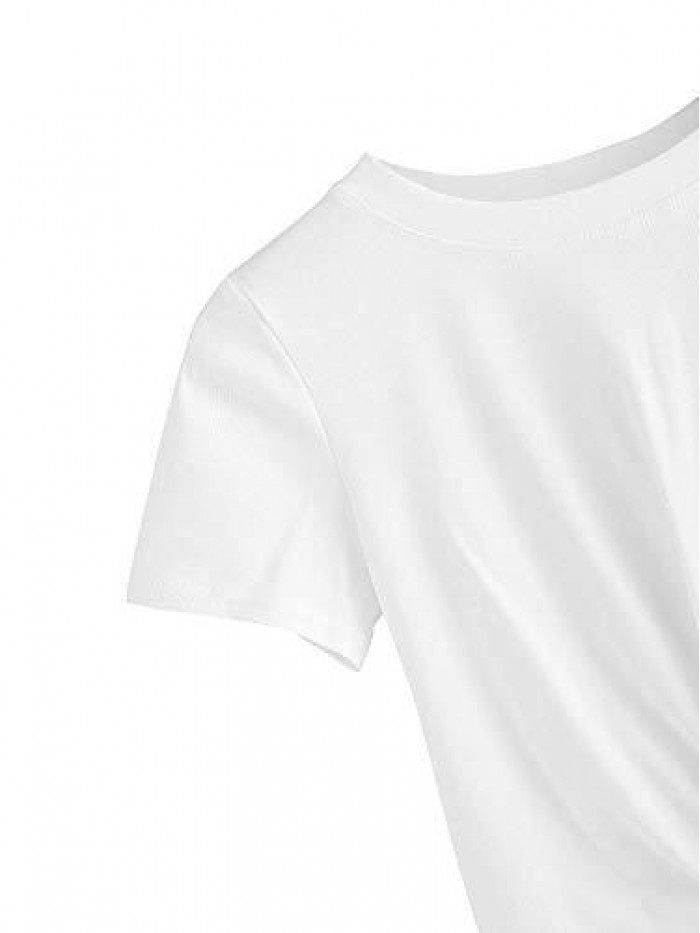 Women's Summer Crop Top Solid Short Sleeve Twist Front Tee T-Shirt 