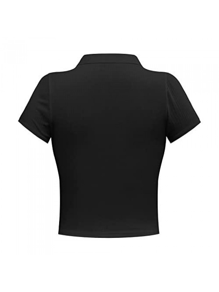 Casual Ribbed Short Sleeve V Neck Polo Collar T-Shirt Crop Top Summer Tee 