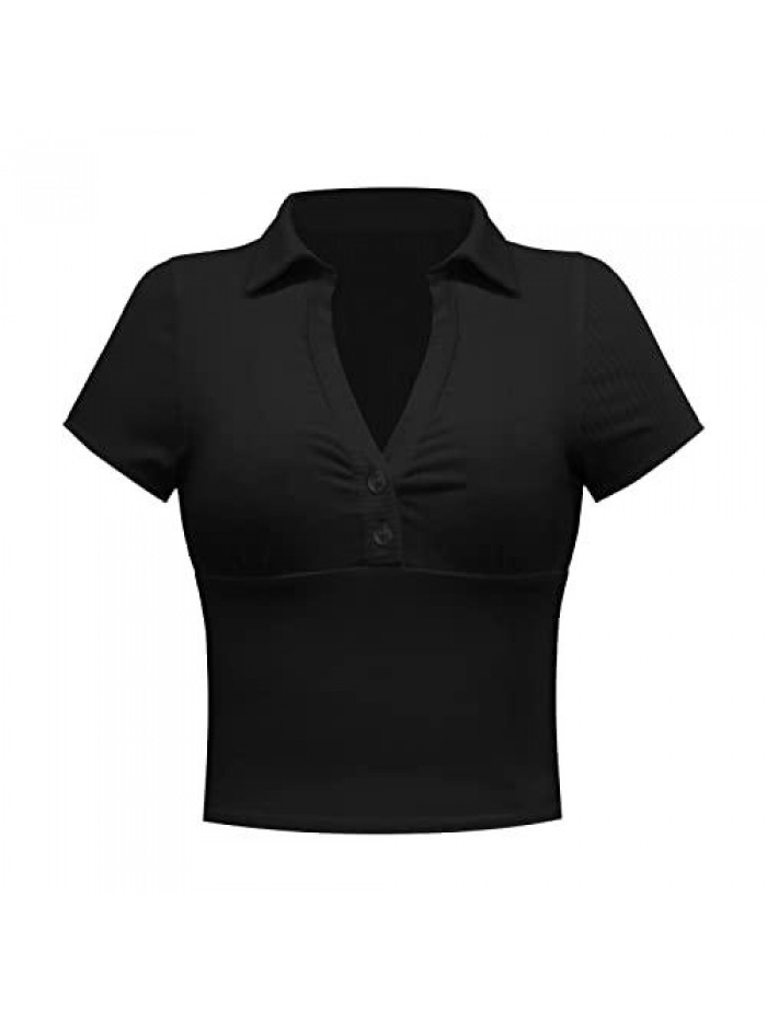 Casual Ribbed Short Sleeve V Neck Polo Collar T-Shirt Crop Top Summer Tee 