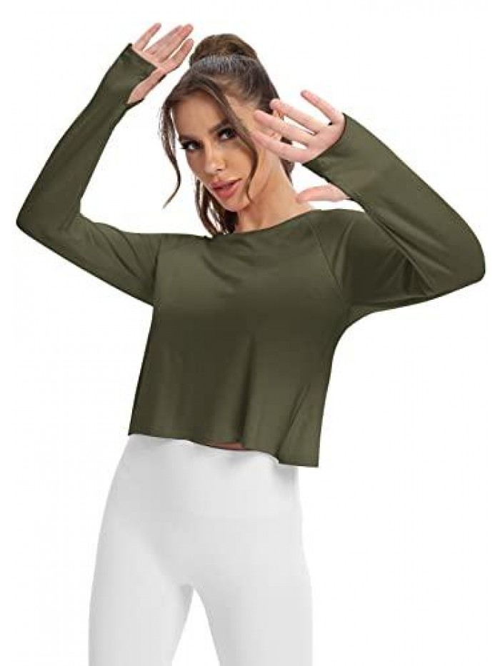 Long Sleeve Workout Crop Tops for Women Open Back Yoga Shirts Athletic Shirts 