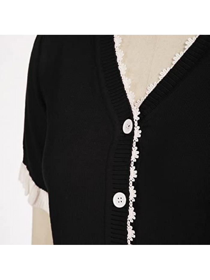 Poque Women's Short Sleeve Cardigan V Neck Button Down Sweater Vintage Elegant Cardigan with Lace Trim 