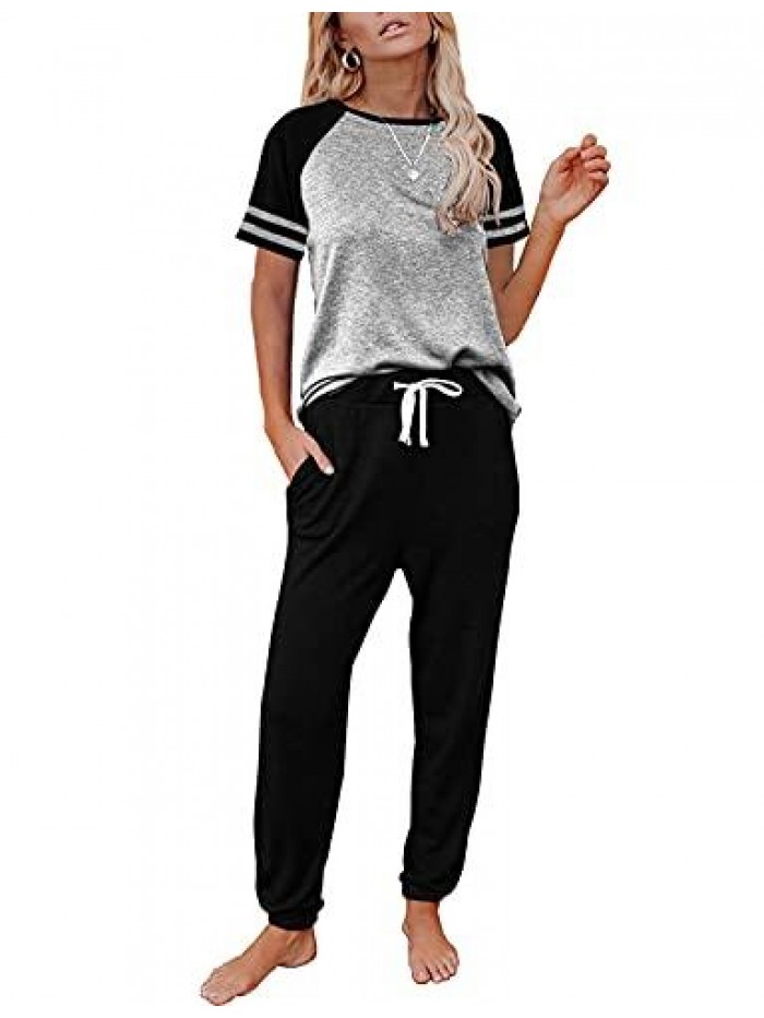 Lounge Sets For Women Two Piece Outfits Loungewear Short Sleeve Crewneck Jogger Pajama Set and Sweatpants Tracksuit 
