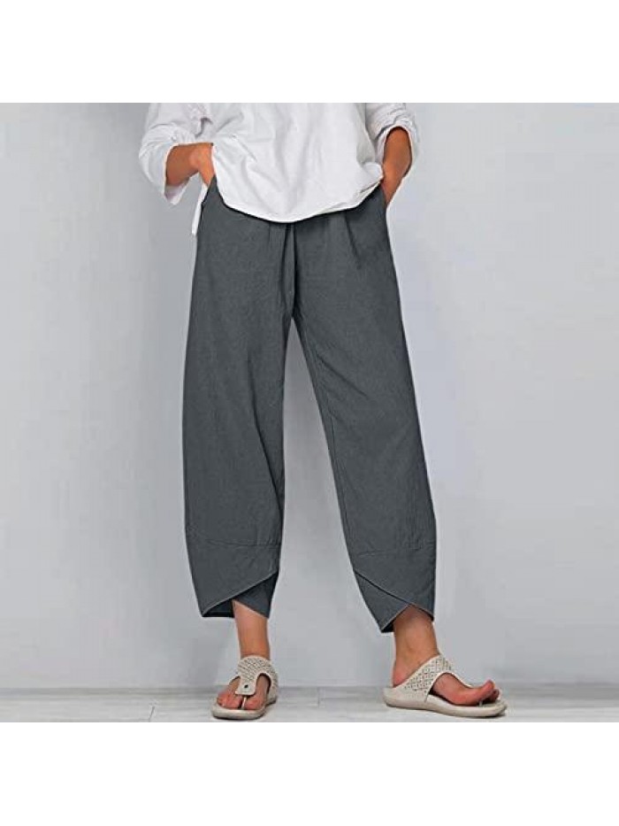 Linen Pants for Women Plus Size High Waisted Elastic Crop Pant Summer Casual Loose Wide Leg Capris with Pockets 