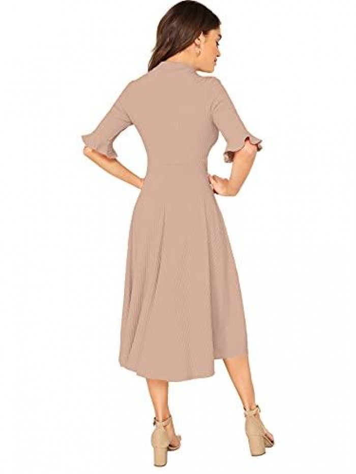 Women's Elegant Ribbed Knit Bell Sleeve Fit and Flare Midi Dress 