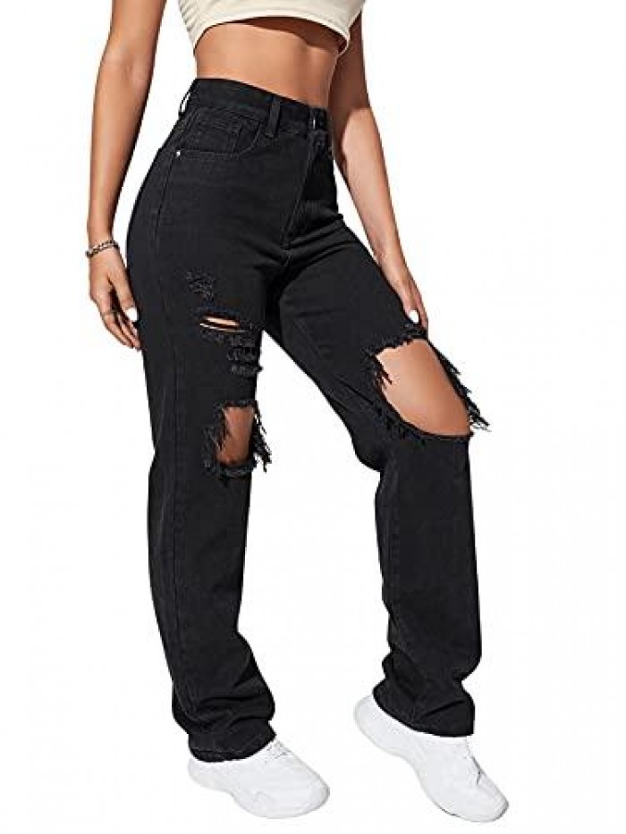 Women's Casual Loose Ripped Denim Pants Distressed Wide Leg Jeans 