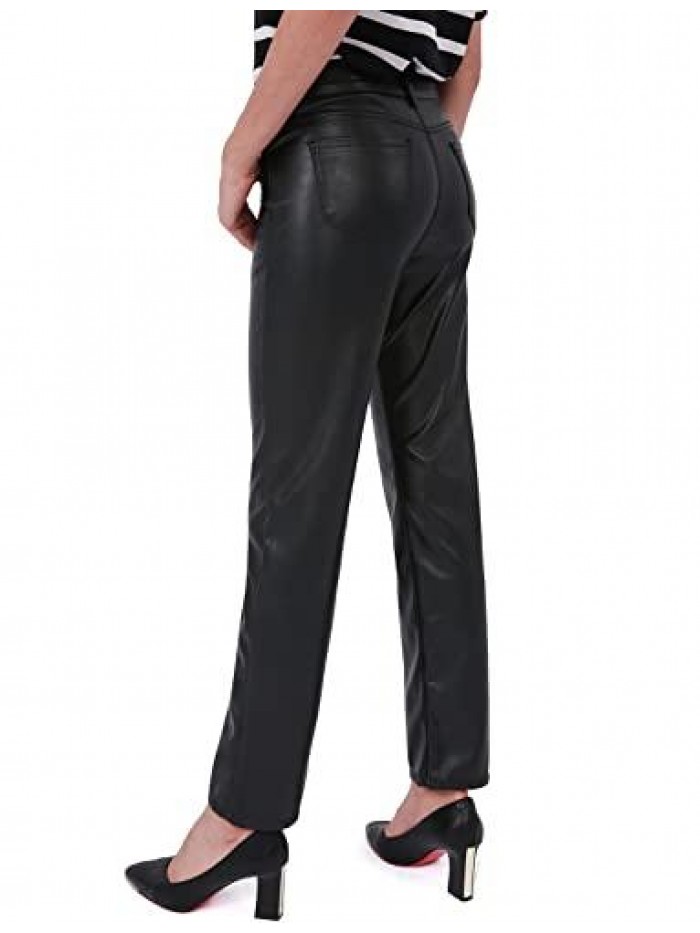 Art Faux Leather Pants for Women, Straight Leg Mid Waist Butt Lift Elastic Black Pants with 5 Pockets 